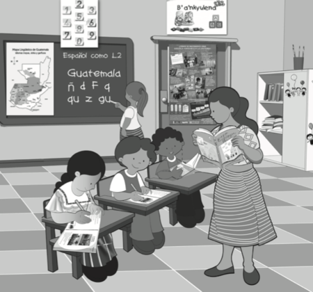 Imagen que muestra una maestra trabajando con 3 estudiantes en clase.