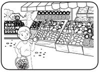 Niño combra fruta en mercado