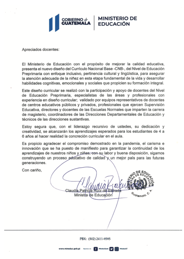 Carta presentación ministra - CNB Preprimaria 2023