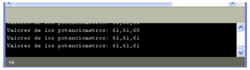 IDE processing con captura de valres de tres potenciómetros - captura de pantalla Windows