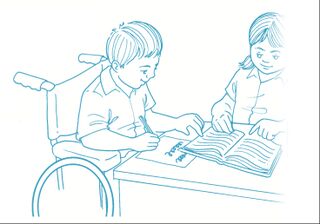 Niño en silla de ruedas y niña estudian.jpg
