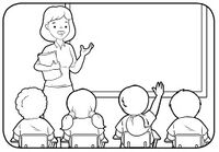 Maestra da explicación y niña levanta mano en clase