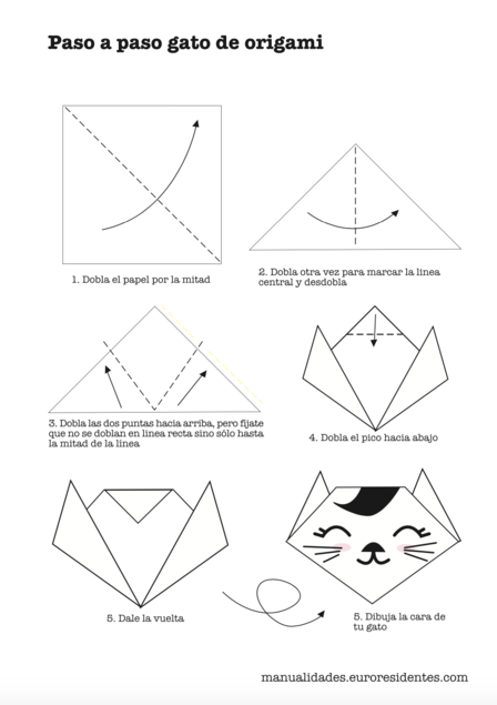 Gato de origami para imprimir - original en https://www.euroresidentes.com/Manualidades/imprimibles/origami/gato_origami_imprimir.pdf